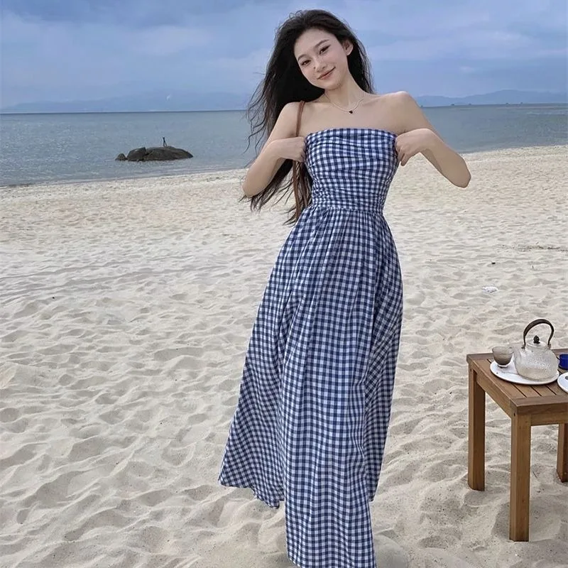 Plaid Long Women Summer Strapless Beach Style Korean Loose Slim Sexy French  Retro Zipper A-line Sleeveless Hotsweet Cozy