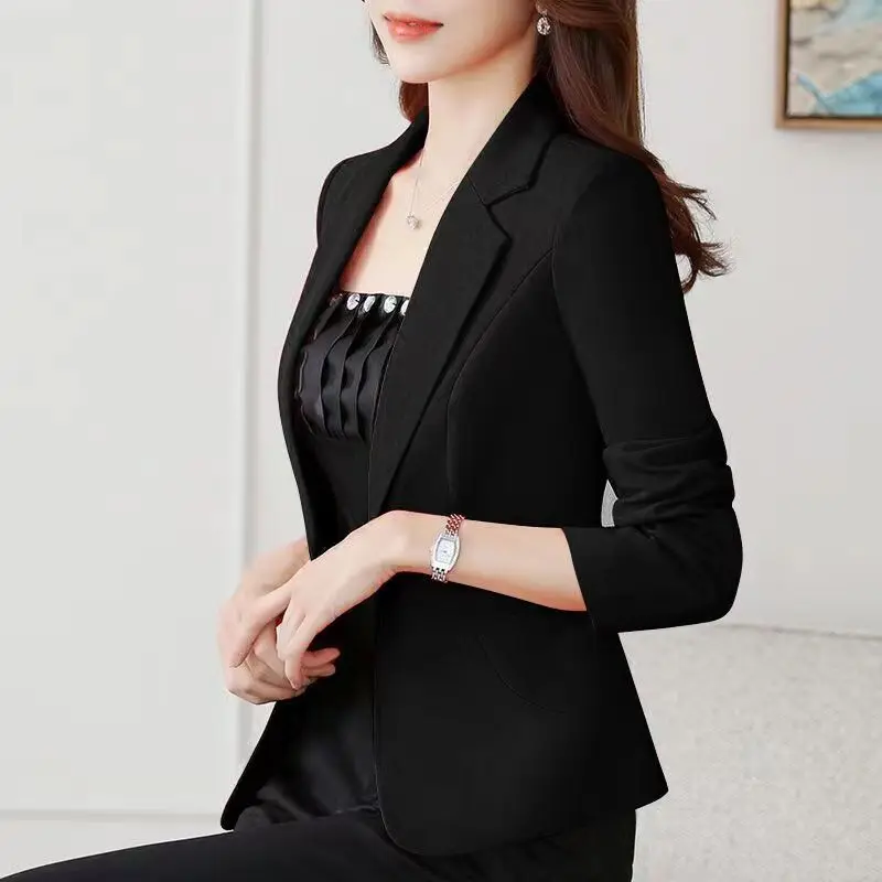 

2023 New Spring and Autumn Korean Commuter Simple Suit Collar Slim Fit Short Sleeve Solid Color Versatile Oversized Women's Suit