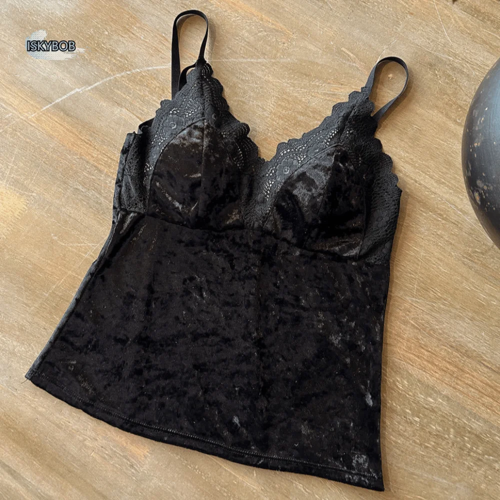 

Velvet Slim Lace Crop Top Flower Bottoming Shirt Girl's Vest Top Spicy Girls Style Four Seasons Camisole with Pads Girls