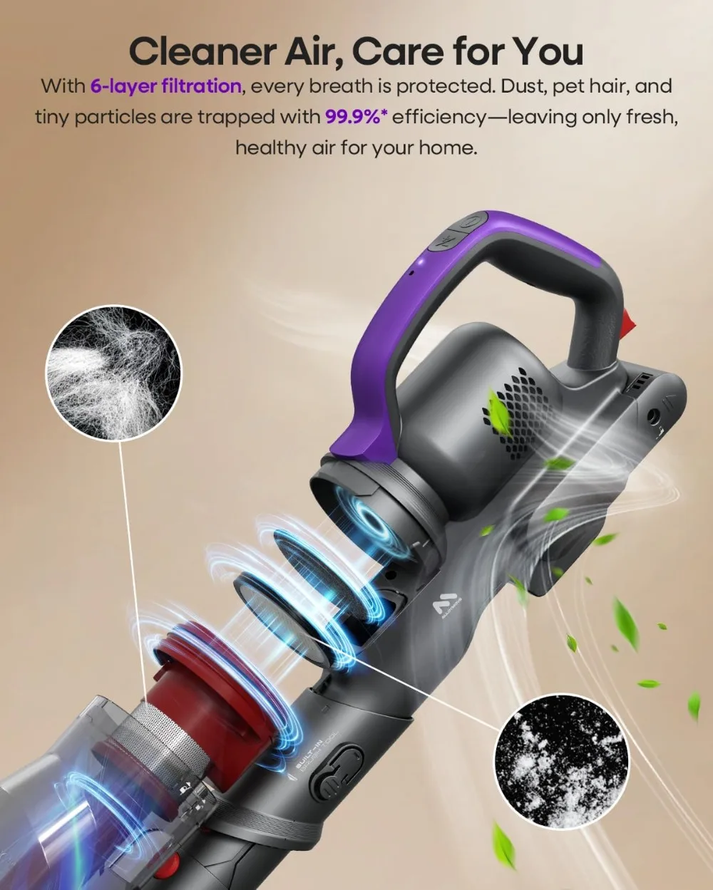 Cordless Vacuum Cleaner 45KPA, 60Mins Runtime, Lightweight Powerful Suction for Home, 3 Modes, Stick Vacuum for All Floors/Carpet/Pet Hair/Car view 5