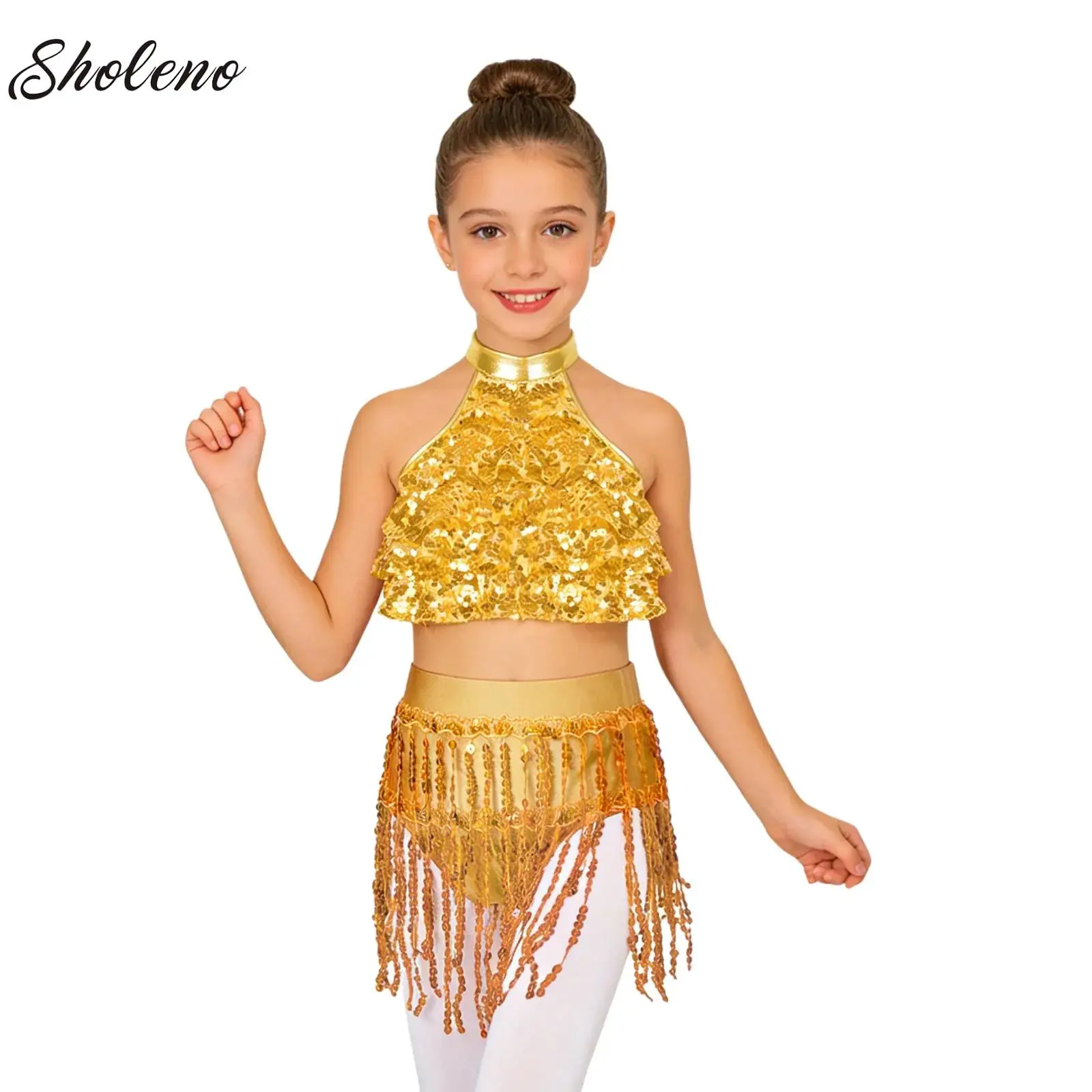

Kids Girls Latin Dance Set Lyrical Modern Jazz Performance Costume Sequins Crop Top+Skirt/Shorts Cheerleader Ballet Dancewear