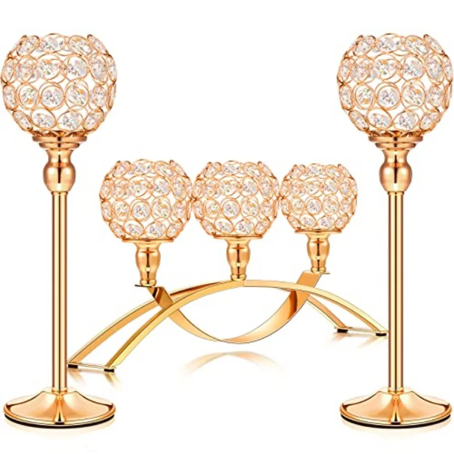 

Набор из 3 золотых хрустальных подсвечников для чайных свечей, подставка-канделябр с 3 рожками, декоративные центральные элементы для стола