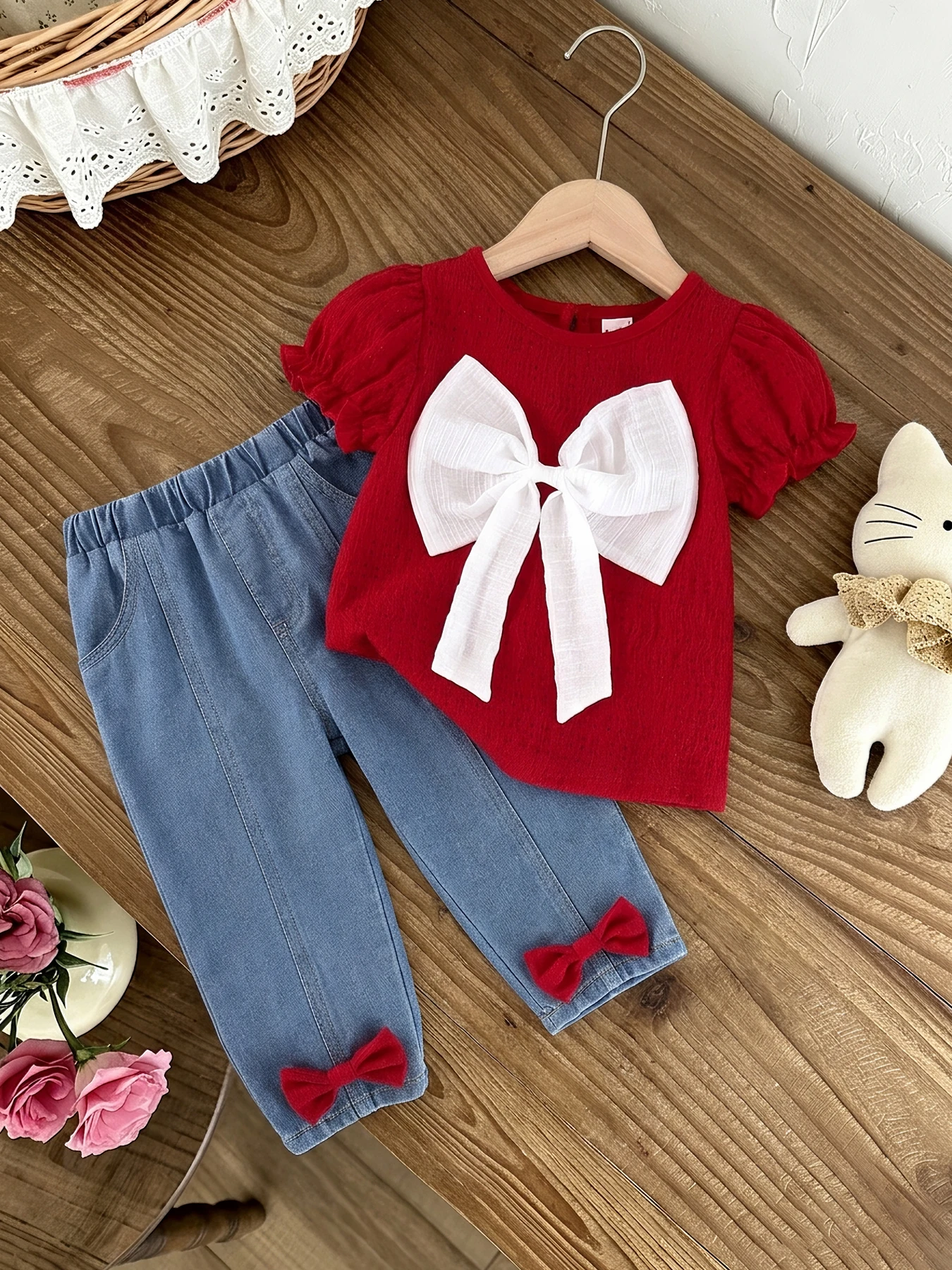 Fashion Infant Girl Summer Set Puff Sleeve Red Top Bow‑Trim Jeans