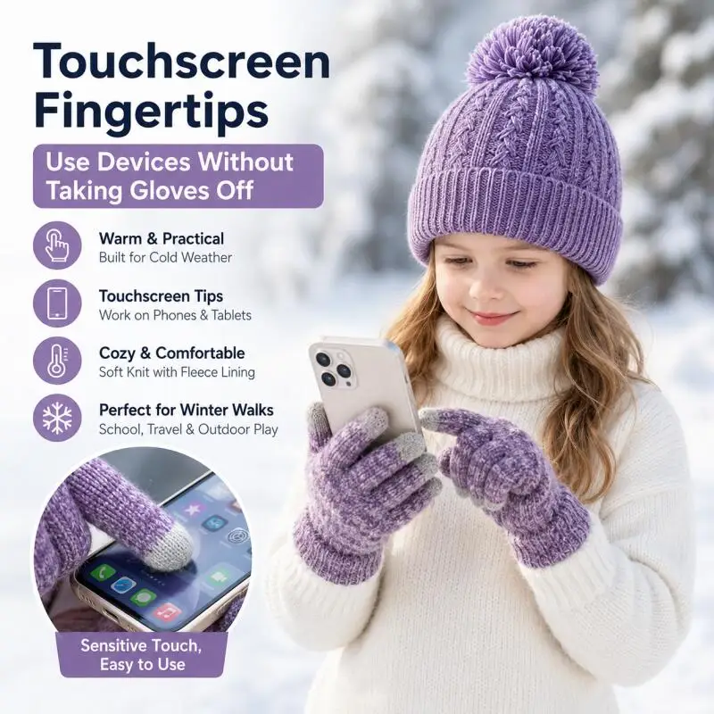 Kids Winter Knit Hat Touchscreen Gloves Set Fleece Line Warm Pom Beanie Elastic Soft Outdoor Snow Ski Cap Gloves Accessory 3-10Y - view 3