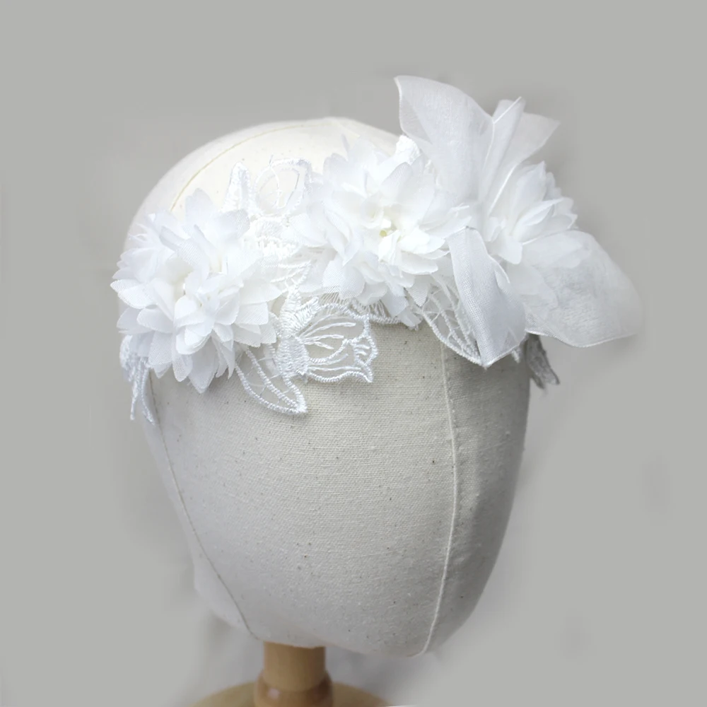 Weiße Spitze Chiffon Blumen Stirnband Baby Mädchen Blumen Turban Prinzessin Mesh Floral Perle Neugeborenen Haar Blume Photoprop Kopfbedeckung – Detail 3