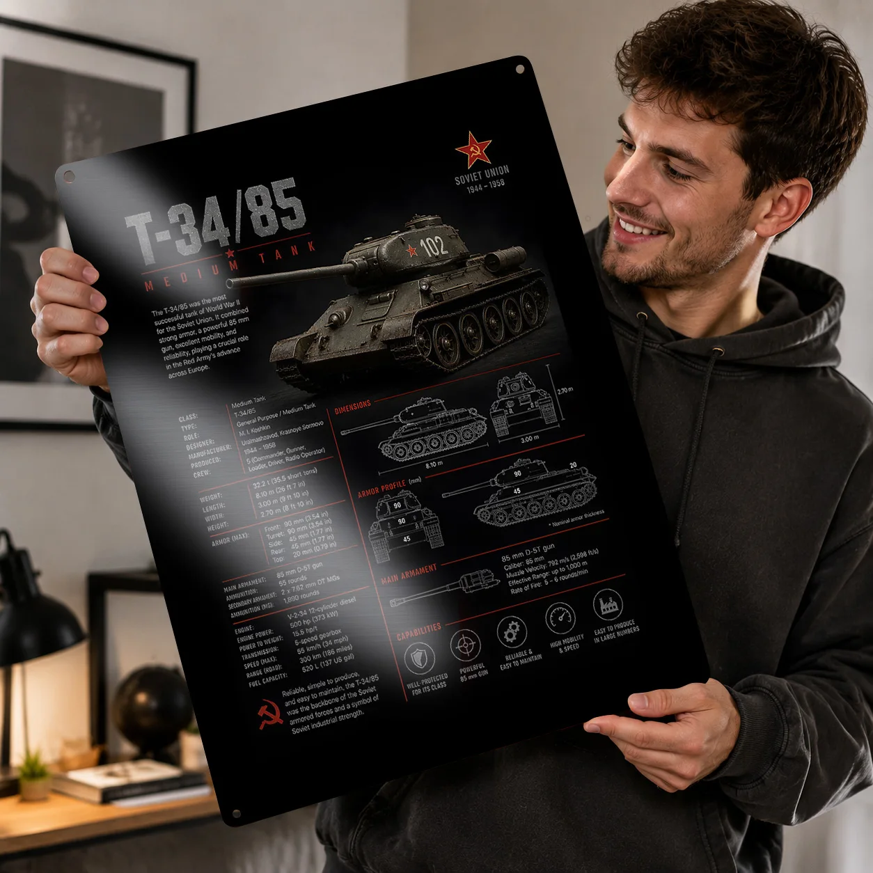 T-34/85 Medium Tank Infographic Poster Retro 3D Printed Metal Signs Customized Wall Hanging Gift for Gaming Decoration Room Art