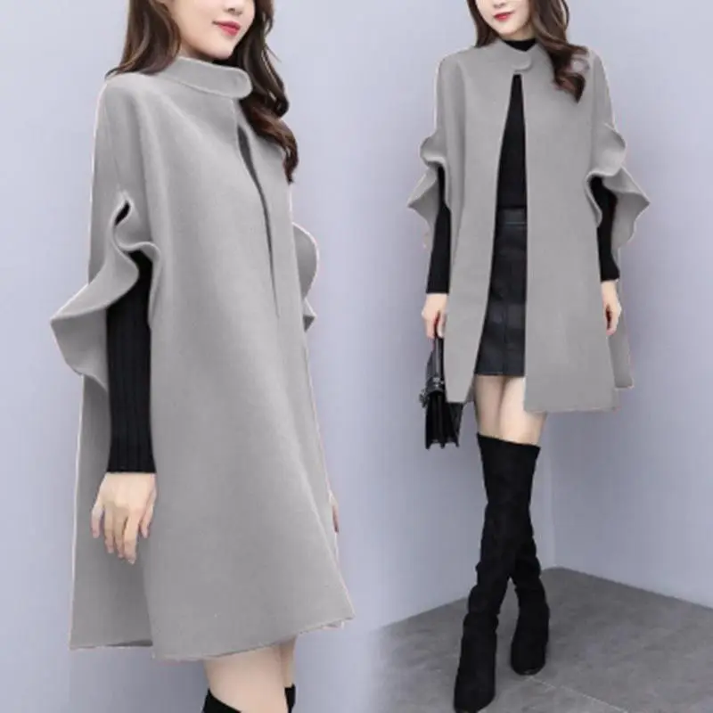 Women\'s Autumn Winter Clothing New Korean Fashionable England Midi Solid Color Stand Collar Flare Sleeve Draped Woolen Cape Coat