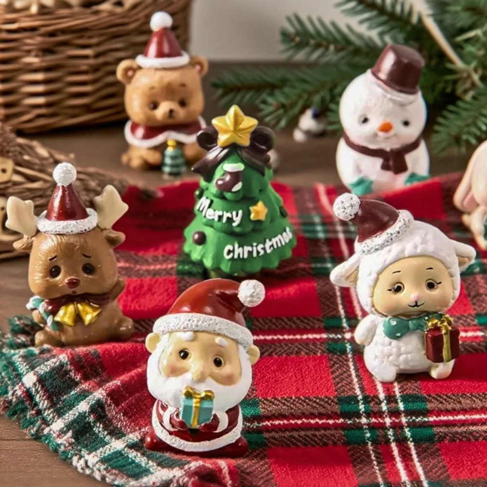 

2pcs Christmas Santa Claus Tree Snowman Gifts Figurine Resin Cartoon Small Animals Figurine Diy Cabinet Table Decoration