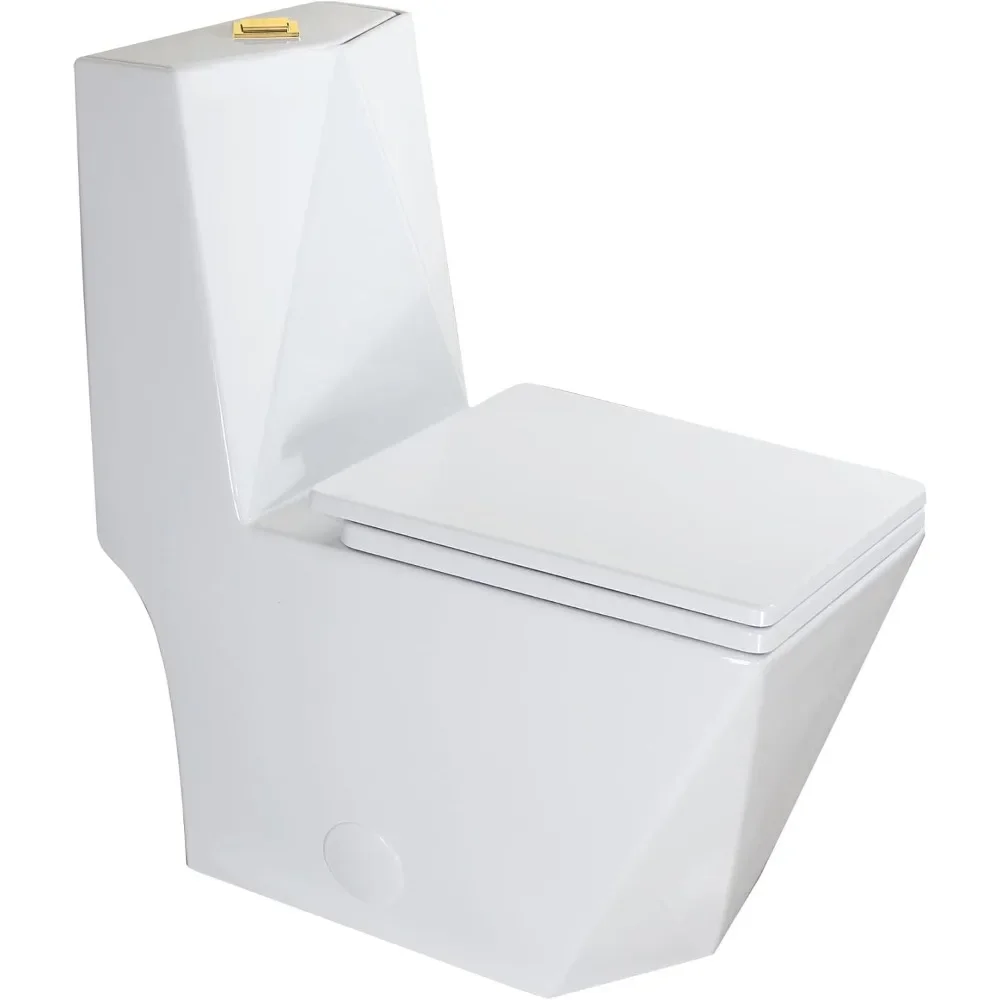 Square One Piece Toilet Black With Gold Button For Modern Bathroom,Diamond-shaped Sleek Design Elonagted Rectangle White