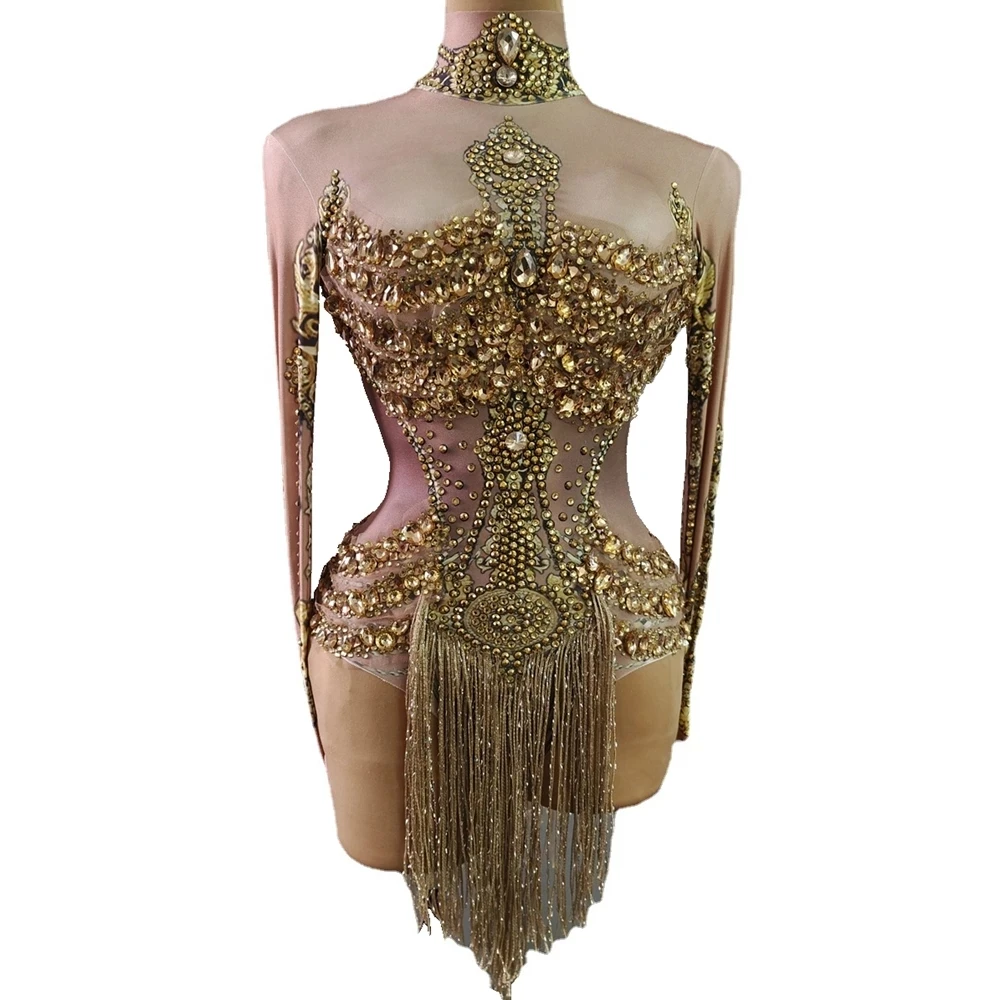 

Sexy Tassel Bodysuit Singer Party Show Gold leotard Rhinestones Performance Dance Costume Stage Wear Club Outfit