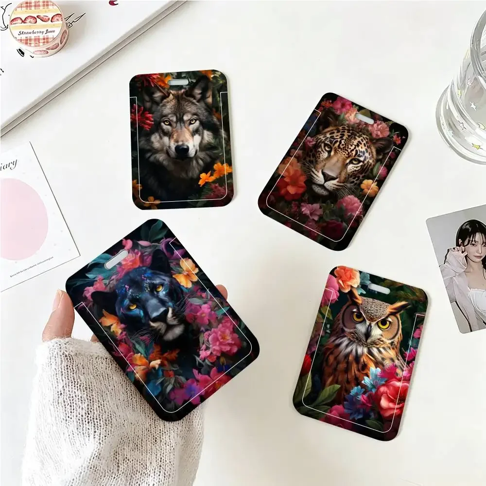 Animals Flowers Leaves Lion Panther Elephant Wolf ID Card Holder Lanyard Covers Women Men Work Permit Holder Kids Bus Cards Case