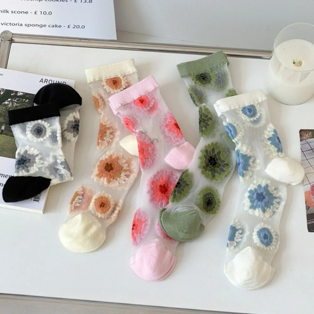 Women Summer Retro Flower Thin Transparent Breathable Flower Crystal Silk Socks JK Lolita Girl Kawaii Cute Nylon High Long Socks