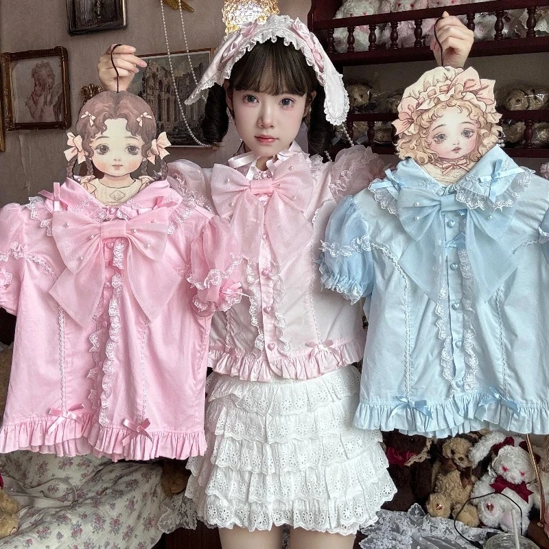 

Short Sleeve Blouse Ruffles Bow Casual Y2K Crop Tops Gothic Blusas Japanese Lolita Shirts Vintage Elegant Women Classical Sweet