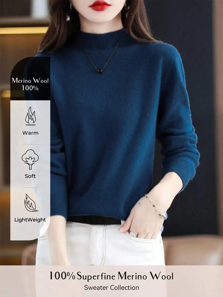 

100% Superfine Merino Wool Women Turtleneck Sweater Casual Pullover Autumn Winter