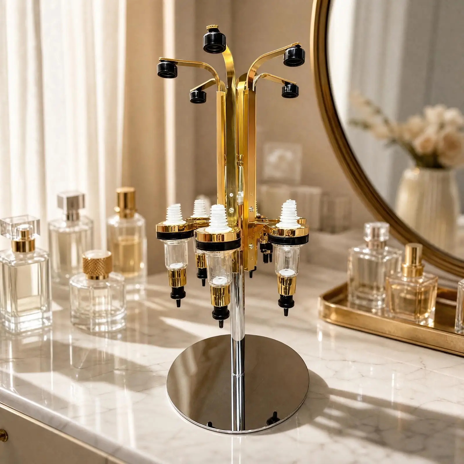 Countertop Liquid Dispenser Compact Multi-Head Rotating Dispensing Rack Freestanding Metal Dispenser with Six Reservoirs for