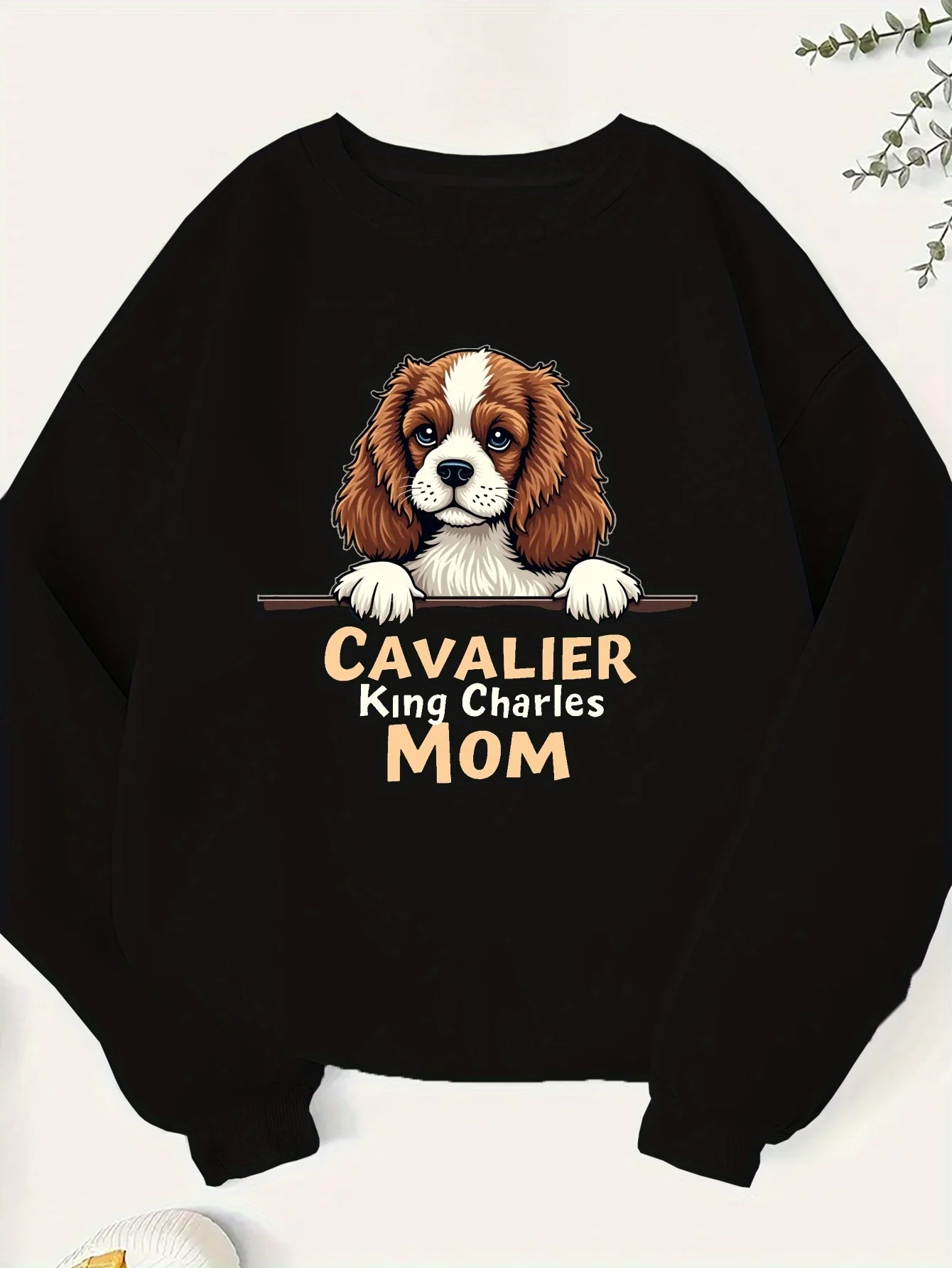 Women's Plus Size Camisole King Charles Spaniel-Black, Round Collar and Long Sleeve for Autumn/winter, Machine Washable