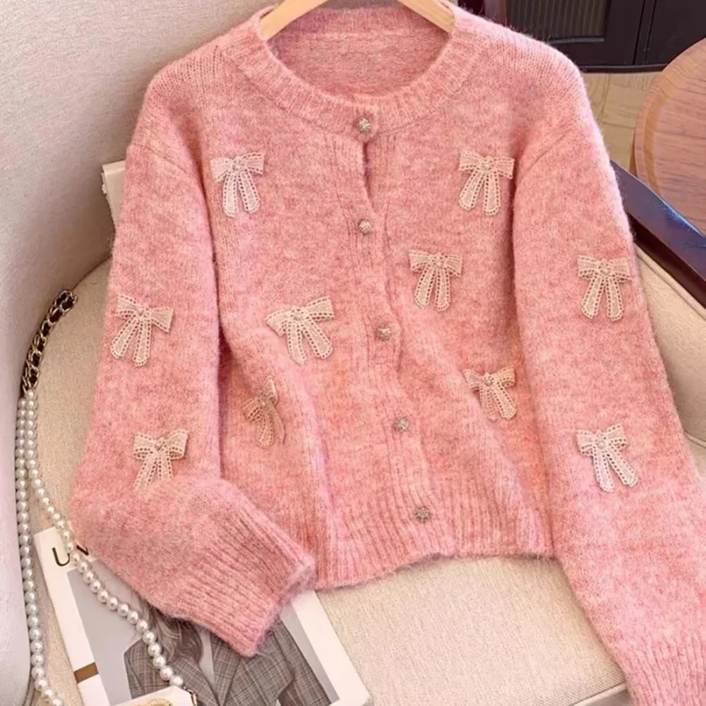 

Милый вязаный кардиган с милым бантом для женщин, осень-зима, мягкие теплые свободные универсальные однобортные свитера во французском стиле, куртка