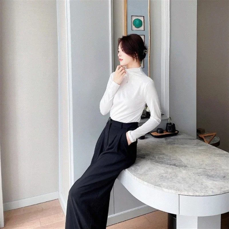 تي شيرت نسائي أنيق بنصف الياقة المدورة وأكمام طويلة مريح بقصة ضيقة أساسي تي شيرت كوري كاجوال مثالي لملابس الخريف والشتاء #4