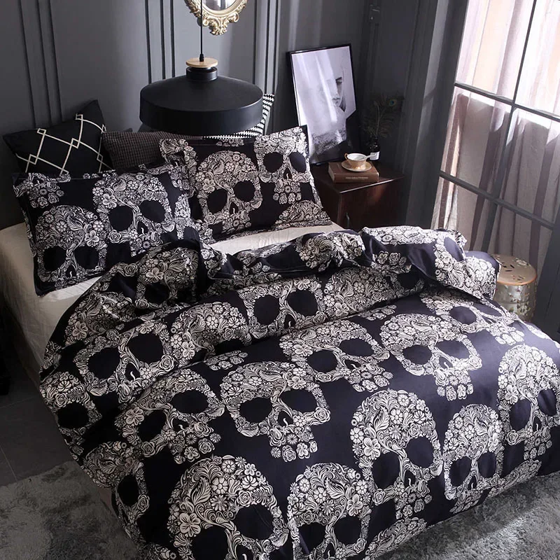 Halloween Duvet Cover Set Skull Bedding Set Black White Floral Skull Skeleton Luxury Quilt Cover Pillowcase Full Queen King Size