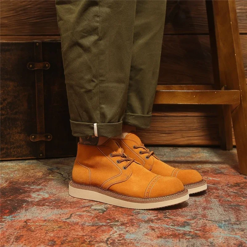 New Handmade Vintage British High Quality Men Cow Suede Leather Shoes Outdoor Tooling Ankle Boots Desert Boots Spring Autumn