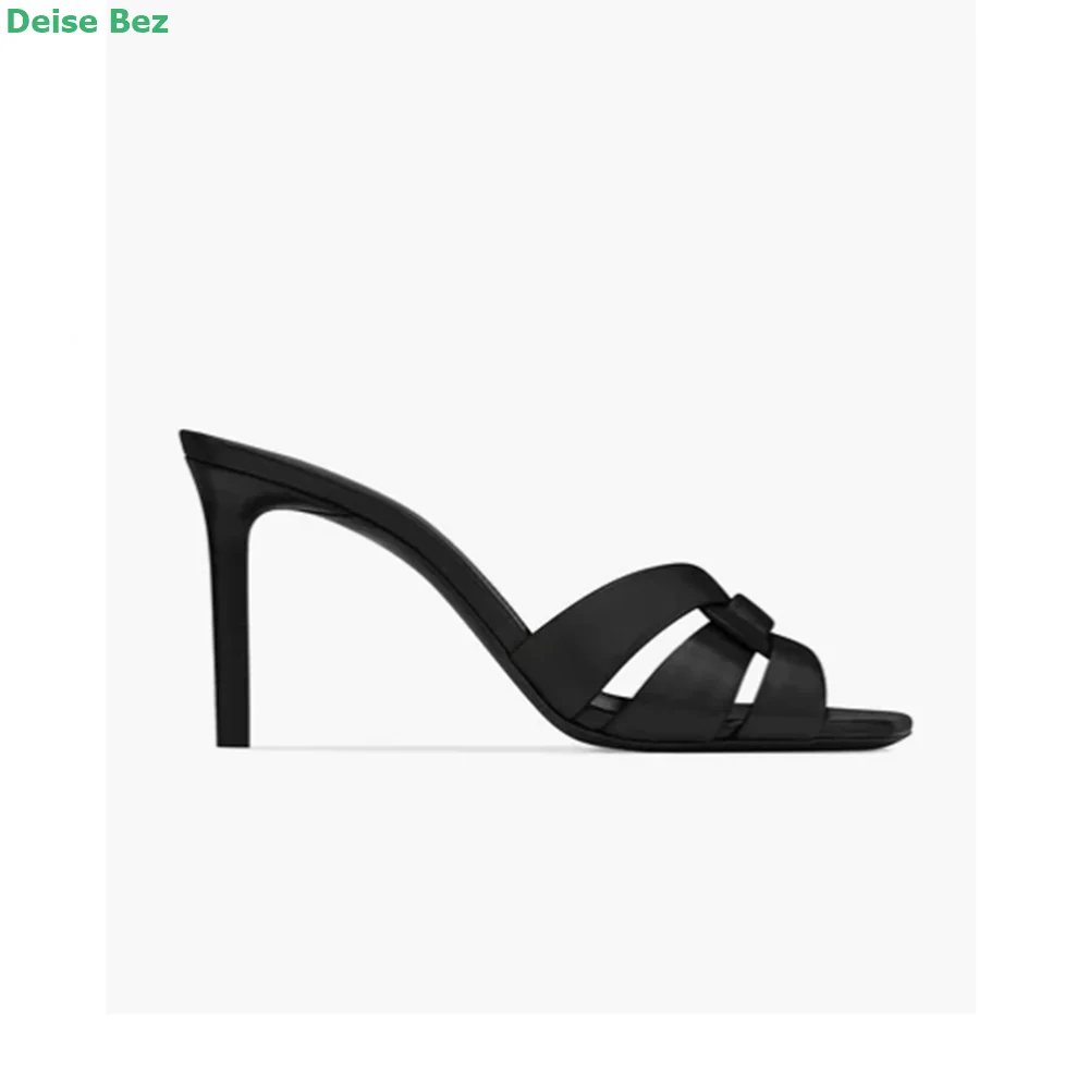 Smooth Leather Slippers Open Square Toe Intertwining Straps Stiletto Heel Solid Concise Comfortable Classics Summer Women Shoes
