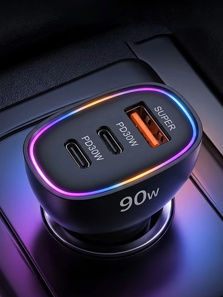 90W USB-C Auto-Ladegerät mit Mehrfachanschlüssen, Dual PD 30W Superschnelles Ladeadapter für iPhone 17 16 15, MacBook, Samsung und Android-Telefone