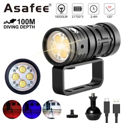 Asafee 100M Deep Diving Underwater Flashlight 120 Degree Luminous Fill Light Rechargeable Waterproof Lamp Dual Switch 3 Mode