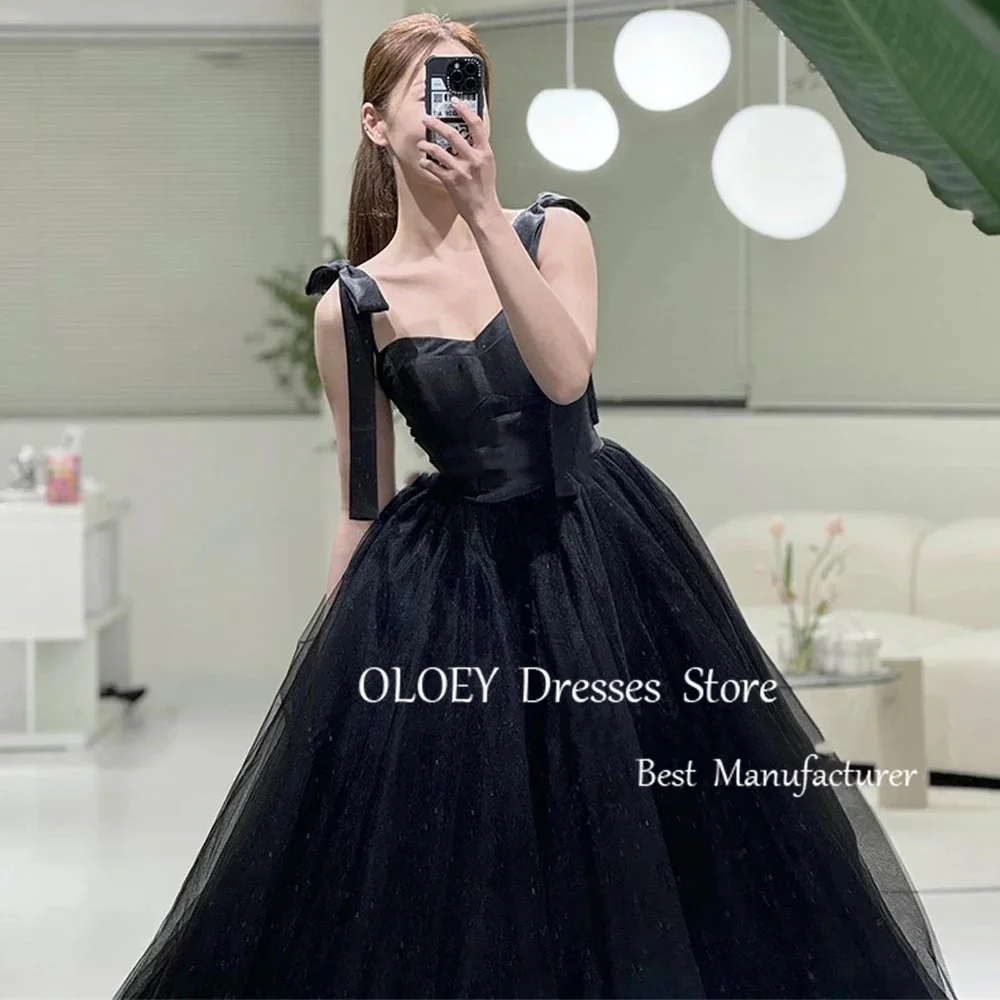 OLOEY Glitter Black A Line Wedding Dress Korea Photoshoot Spaghetti Straps Sleeveless Prom Gown Floor Length Soft Tulle Custom