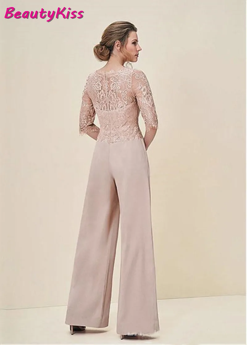 Jumpsuit Mother Of The Bride Dress Lace Half Sleeves Elegant Wedding Guest Dress Zipper Back Long Groom Mother Pant Suit