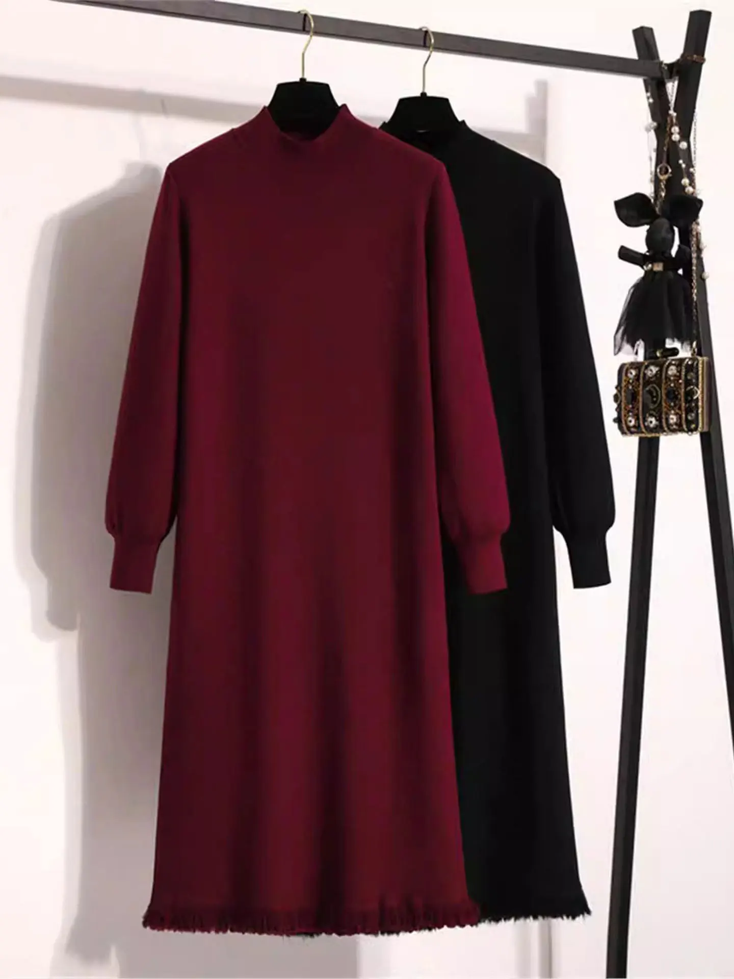 

Loose Knitted Red Long Sve Dr High Ne Winter plus Size Women's Clothing Hiding Hip Casual Sle Regular Thin