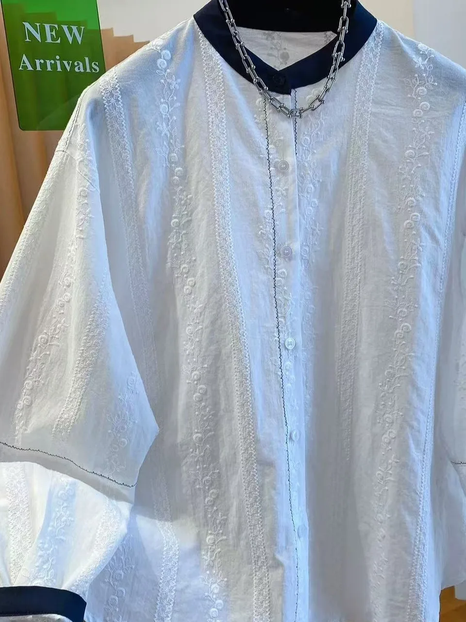 Blanc brodé rond Ne coton irt femmes printemps 2026 ample décontracté Long Sve respirant pur haut en coton