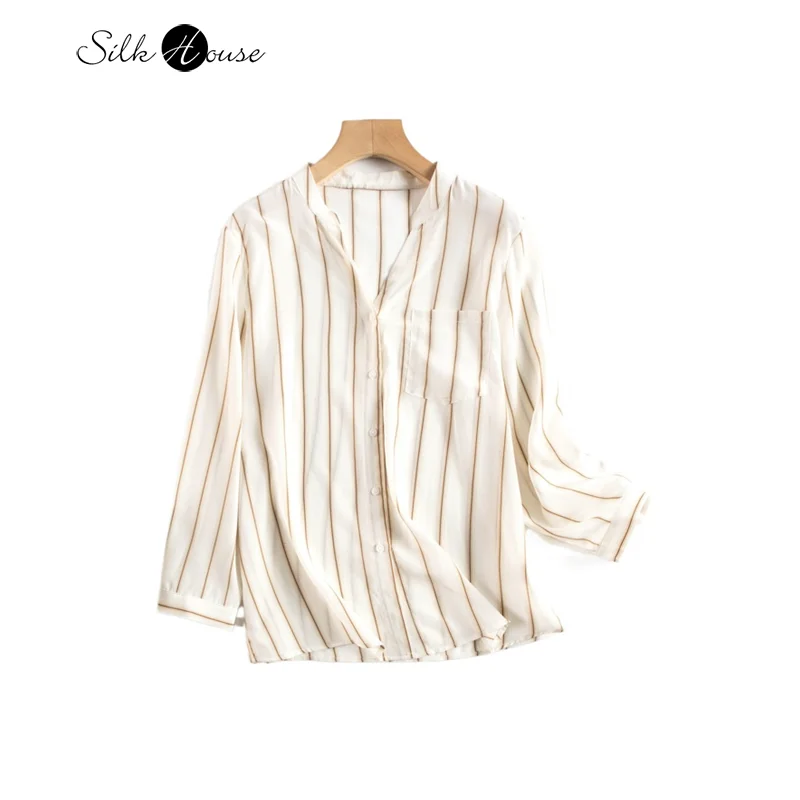 

03Crepe De Chine Light Luxury Temperament V-neck Mulberry Silk Top Striped Middle Sleeve Casual Versatile Women's Fashion Shirt