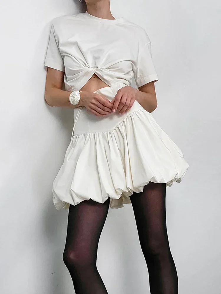 TARUXY High Waisted Bud Skirts Cotton For Women Fashion Solid Color Folds Patchwork Short Skirt Female Commuting Party Clothes