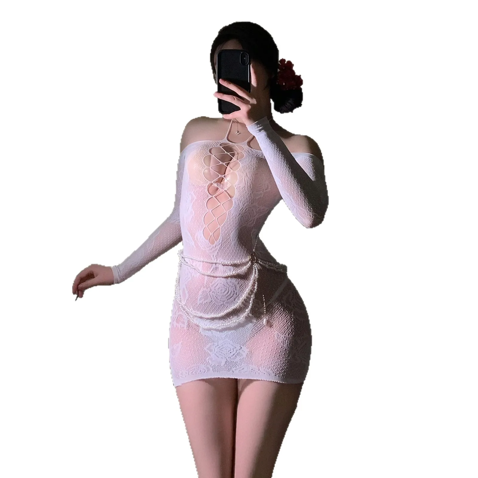 Sexy Off-shoulder Halter Neck Dress Elegant Slimming Transparent Hollowed-out Hot And Seductive Women's Dress Nightclub T5FQ