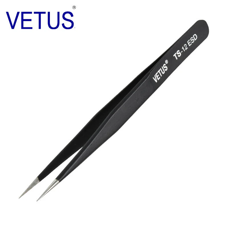 TS-12ESD Precision Stainless Steel Black Anti Static Pointed Tip Tweezers for Electronic Component Repair and Jewelry Making