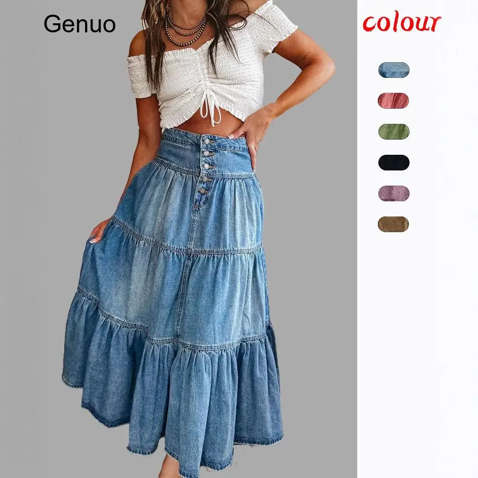 2026 Boho Tiered Denim Maxi Skirt High Waist A Line Ruffle Jean Skirt with Button Front