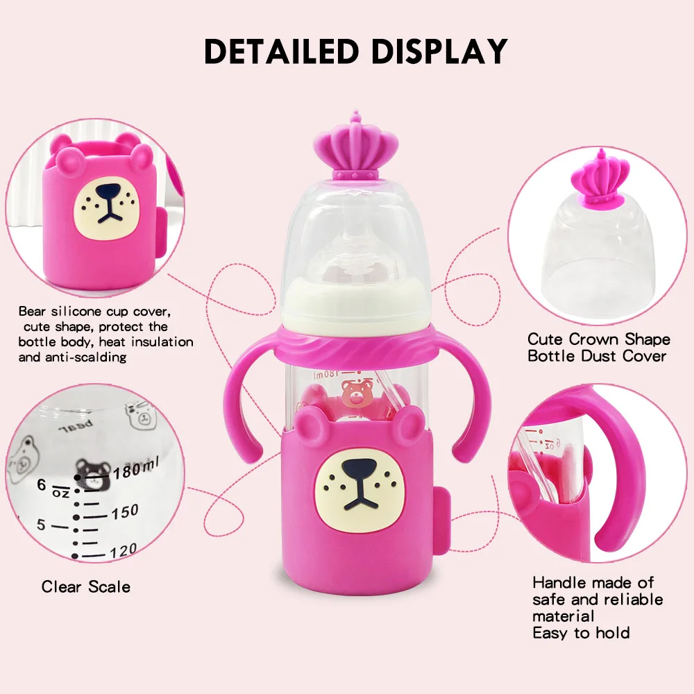 Nuovo biberon in vetro da 180 ml, coppetta per bambini con palla a gravità, a prova di perdite e a prova di caduta, copertura protettiva in silicone,