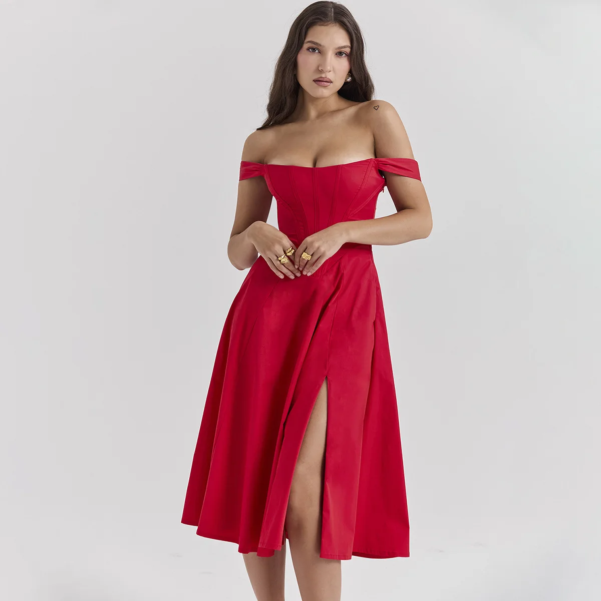 Dropped Shoulder Corset A-Line Slit Solid Color Midi Dresses-Red Pretty Bridesmaid Dress Vetement Femme Vestidos De Verano Para