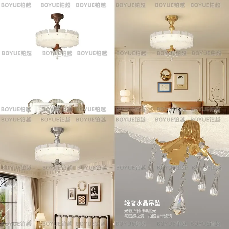 for Medieval Retro Brown Wood Carving Flower Ceiling Lamp with Ruffle Leaf Edge Crystal Pendant French Cream Bedroom Eye