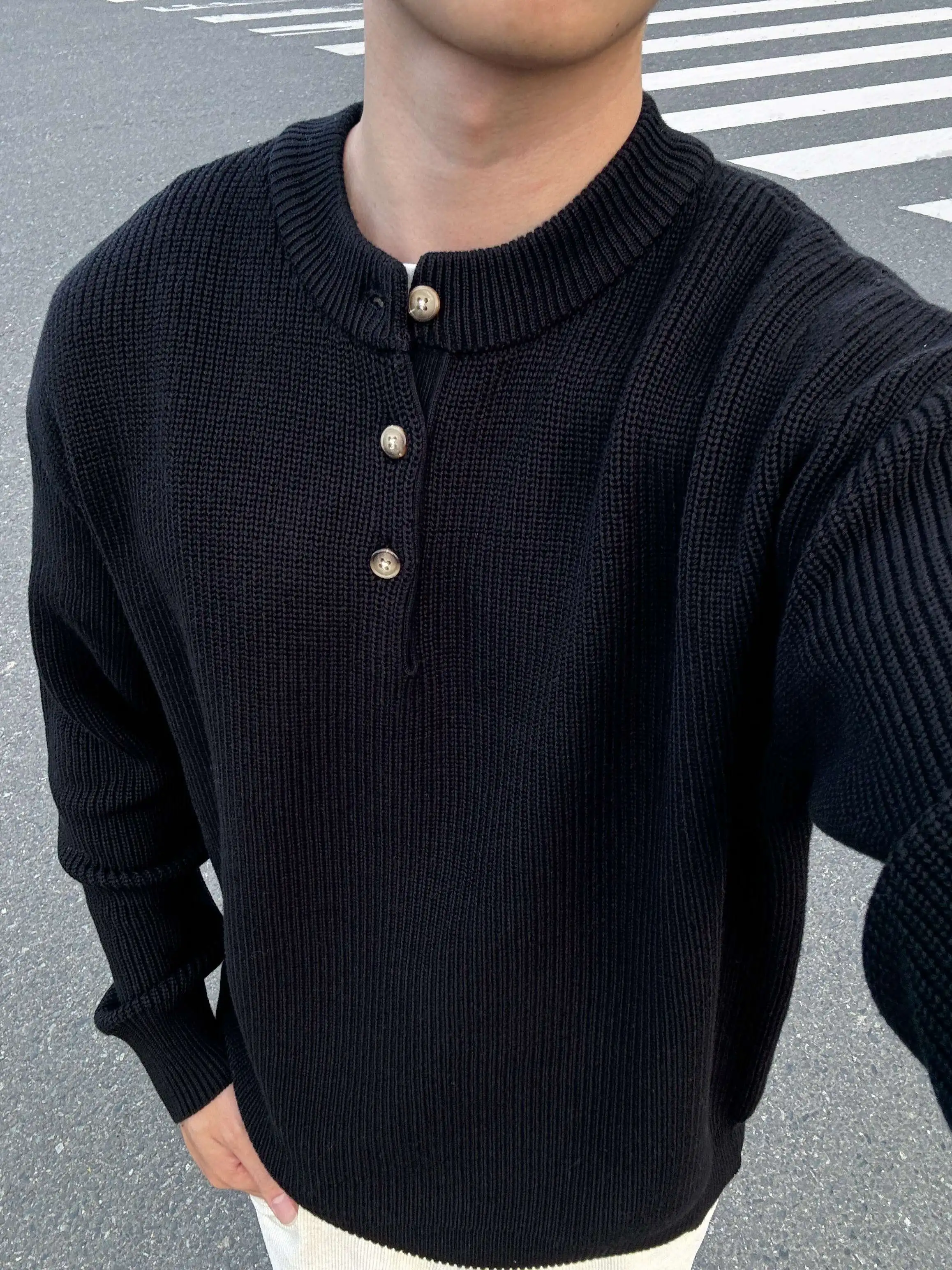 Henry Collar Round Neck Vintage Style Button Up Pullover Hoodie Autumn and Winter for Men and Women Knitted