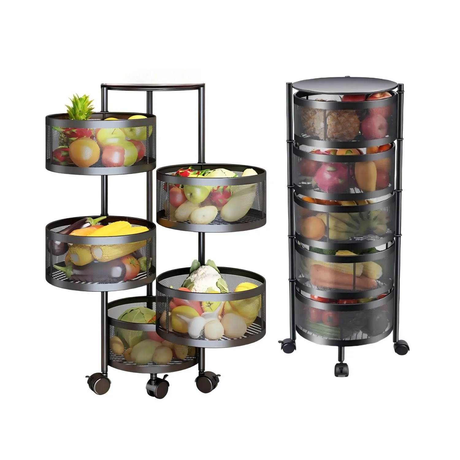 5 Tier Kitchen Storage Shelf, Rotatable Fruit Vegetable Basket, Circular Rotating Basket Large Storage Rack with 4 Movable Wheel