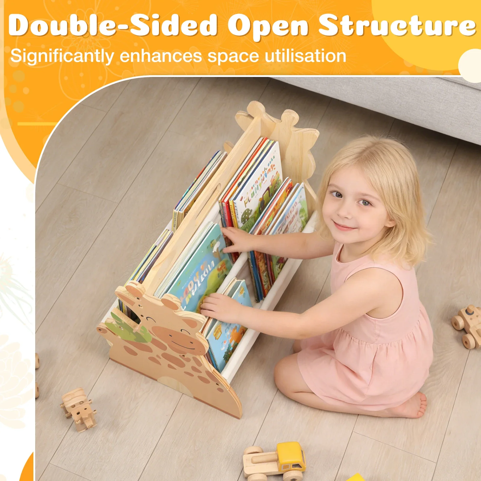 Kid Bookshelf Double Sided 4 Tier Multi-Layer Portable Wood Toddler Montessori Bookshelf for Kid Room Nursery Bedroom Playroom