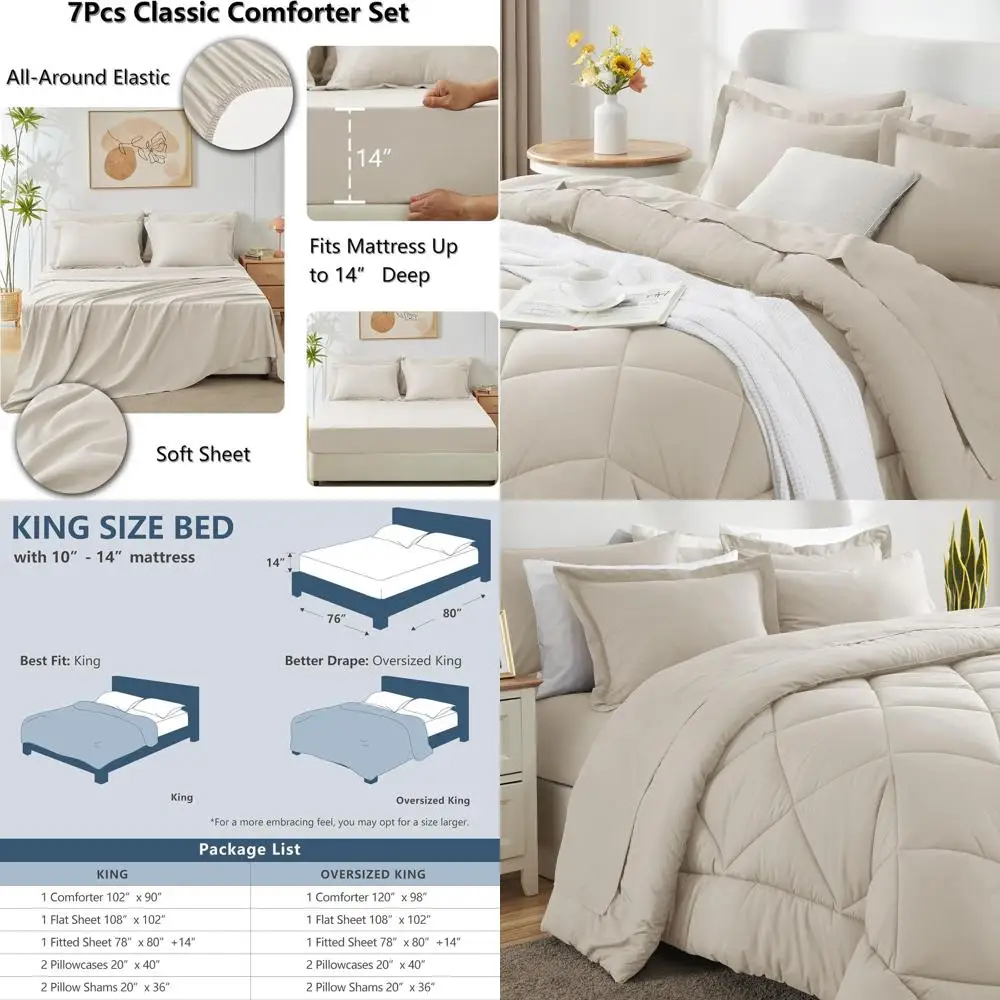 

Комплект постельного белья King из 7 предметов бежевого цвета: всесезонное роскошное одеяло, простыни, наволочки и шамс.