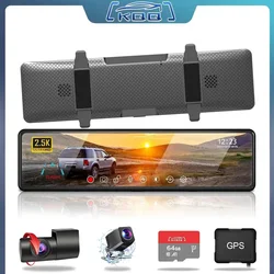 KQQ 2,5K Spiegel-Dashcam, abnehmbare Vorder- und Hinter-Dual-Kamera, 12-Zoll-Voll-Touchscreen, Stream Media, Auto-DVR mit 64 GB Karte und GPS