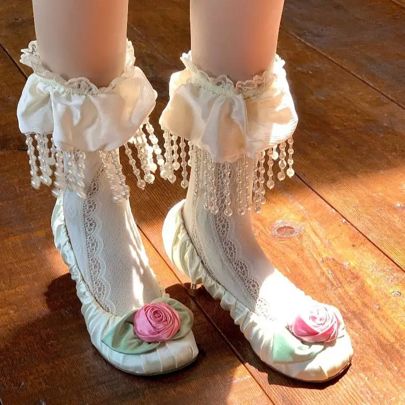 Women Lolita Lace Mid Socks Ruffle Pearl Tassel Frilly Socks Japanese Sweet Princess Mesh Hosiery Cosplay Cute Ankle Stockings