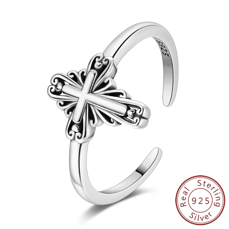 

100% стерлингового серебра 925 пробы, винтажные открытые кольца с крестом для женщин и девочек, ювелирные изделия на годовщину свадьбы, подарок