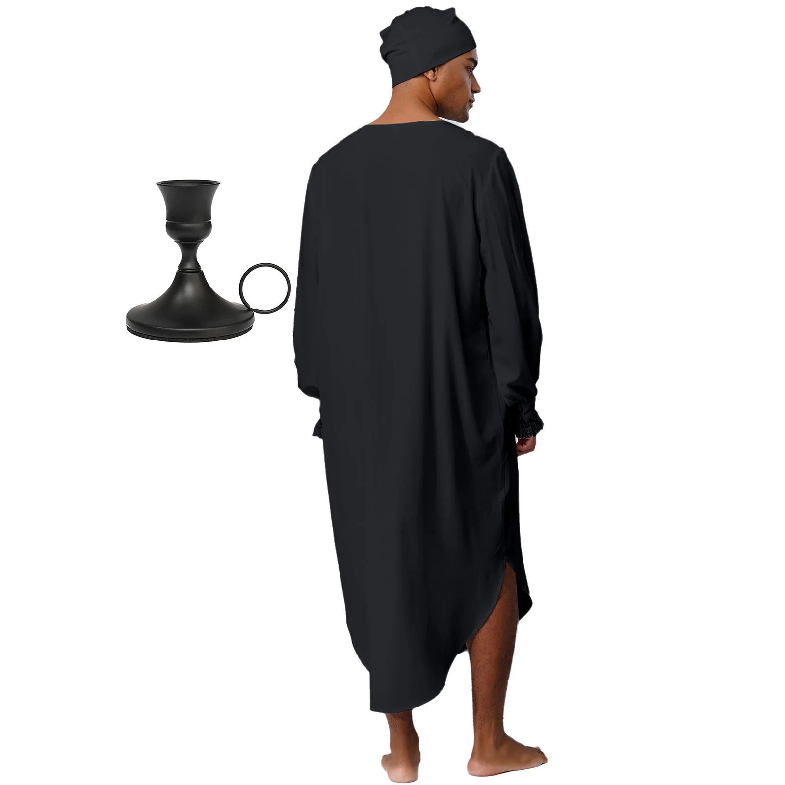Mens Medieval Victorian Nightgown Long Sleeve Lace Trim Ruffles Collar Night Dress with Hat Candle Holder for Halloween Cosplay - view 3