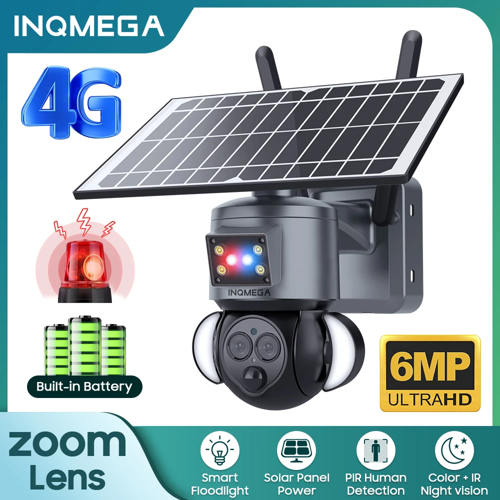 INQMEGA 6MP 3K 12X Zoom Solar Powered Camera 4g Wireless Outdoor SIM Solar Camera CCTV for Smart Home Farm Yard Field Monitor