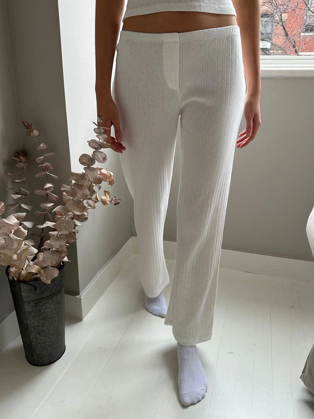 Eyelet White Sweet Straight Pants Woman Summer Three Buttons High Waist Cotton Long Pant Casual Simple Basic Home Sweatpant