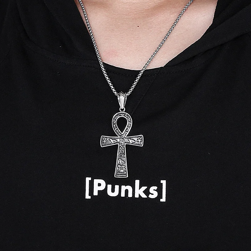 Fongten Trendy Rock Hip Hop Ancient Egyptian Pictographic Cross Men's Stainless Steel Pendant Necklace Fashion Jewelry Box Chain